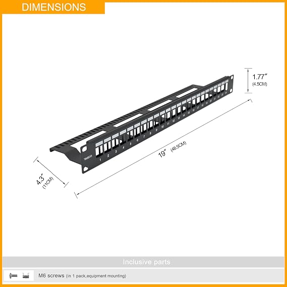 RIVECO 1U 24 Port Keystone Patch Panel Cat6 for Network Cable Management Rack Mount Blank Patch Panel Support Cable Management Bar