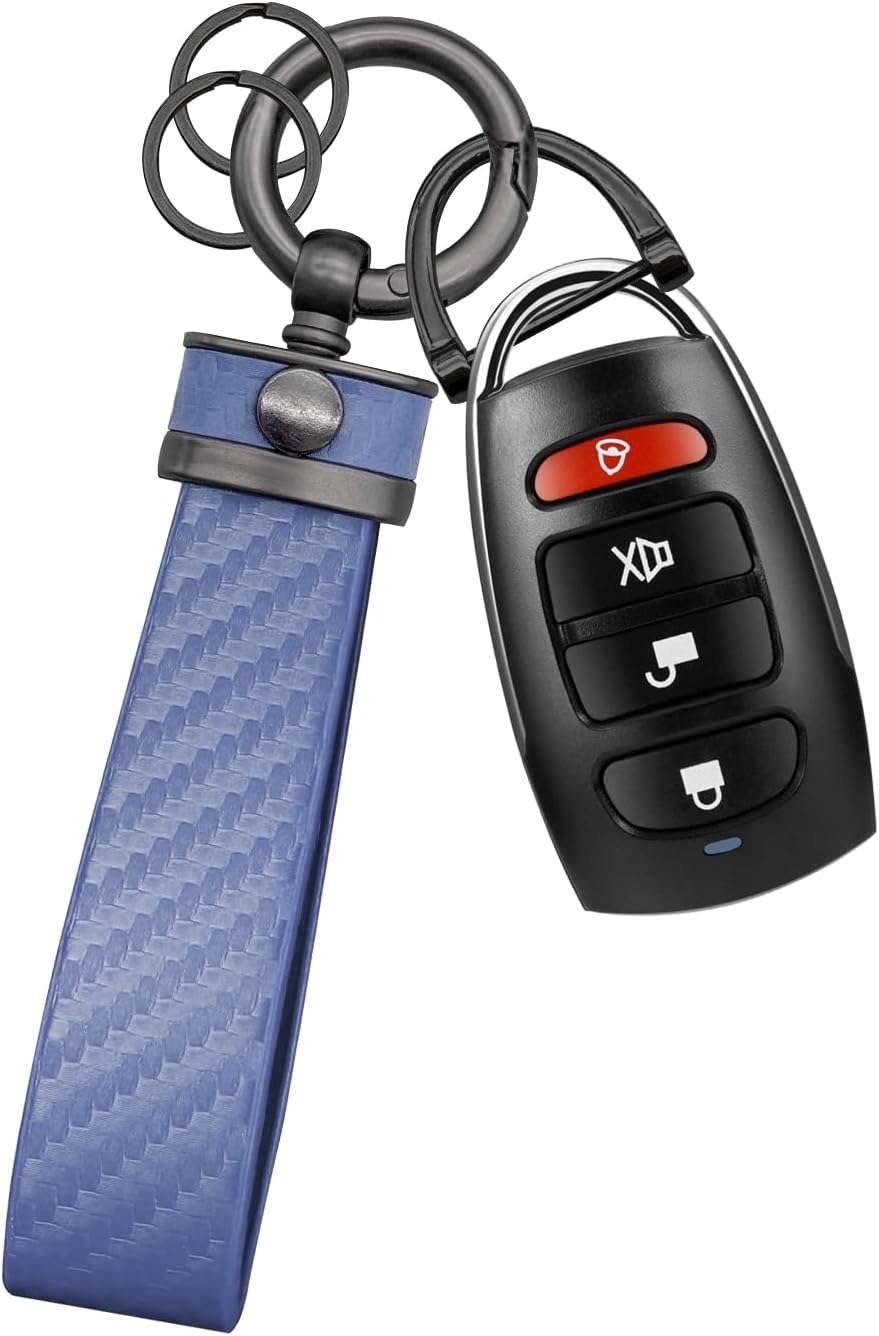 Car Keychain, Carbon Fiber Weaving Leather Key Chain Keyring with 360 Degree Rotatable and Anti-Lost D-Ring, Heavy Duty Metal Car Key Fob Pendant Accessories for Men and Women (Blue)