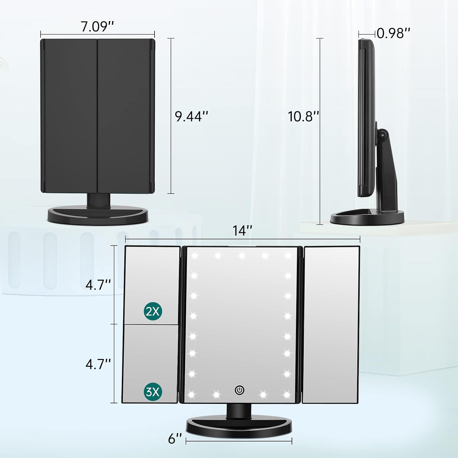 FASCINATE Lighted Makeup Mirror, Feature 21 Bright LED lights, Dimmable Brightness, One Touch Power Switch, Multiple Magnifying Option (3x/2x/1x) Trifold LED Vanity Mirror, 180 Degrees Rotaion (Black)