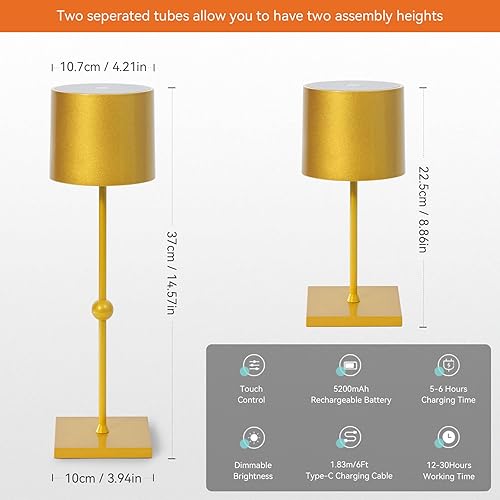 Miniatura 9 de Lámpara de mesa inalámbrica, lámpara de metal de 5200 mAh, 3 modos de luz, lámpara de mesa recargable para sala de estar, exterior (C-blanco, 1