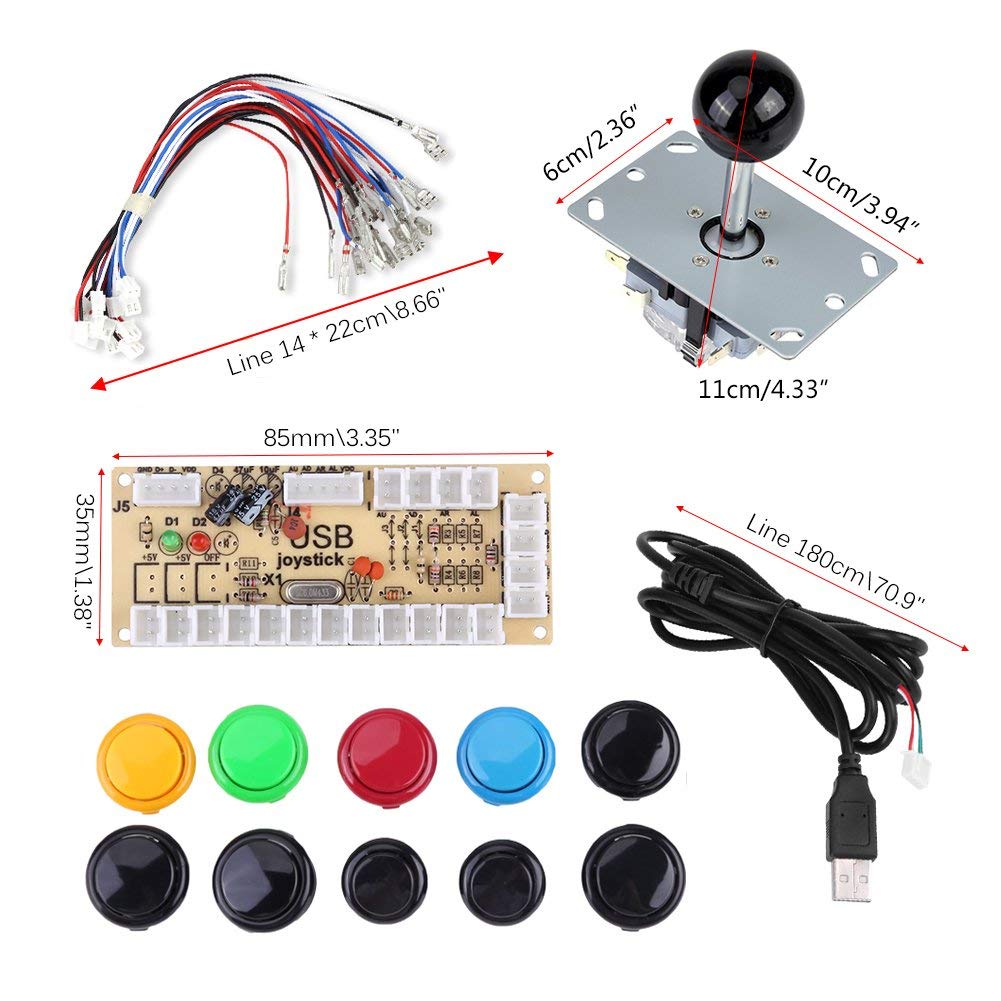 DIY Game Button Kit with USB Encoder 8-Way Joystick 10 Buttons for PC Gaming Accessory
