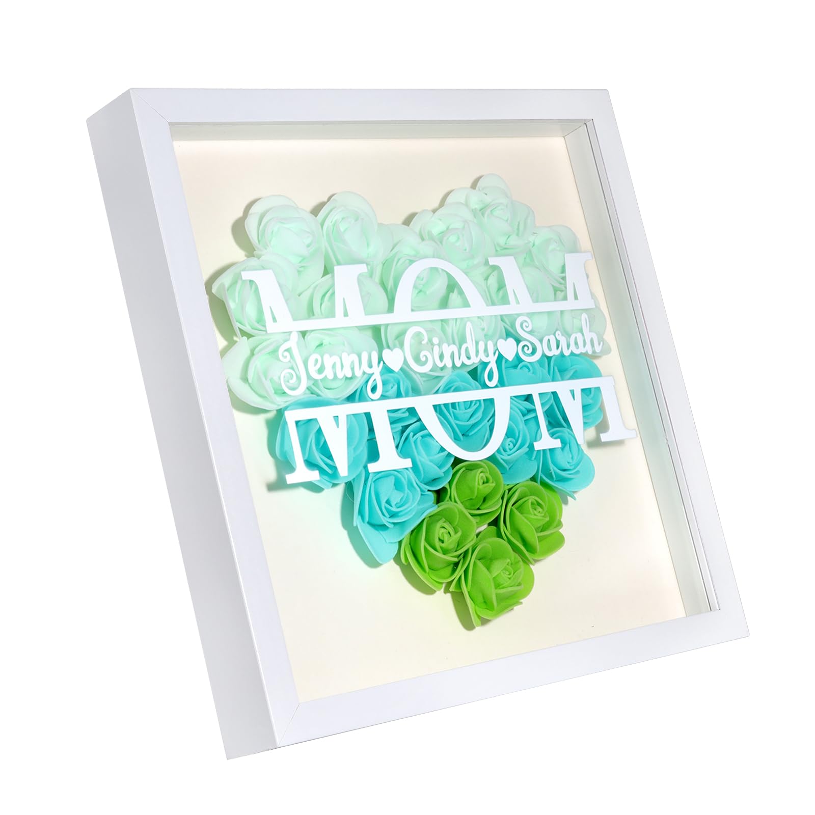 Personalized Mom Rose Flower Shadow Box Frame with Name 8x8 Picture Frame Gifts for Mom Anniversary Mother's Day Birthday (Mom-Green)