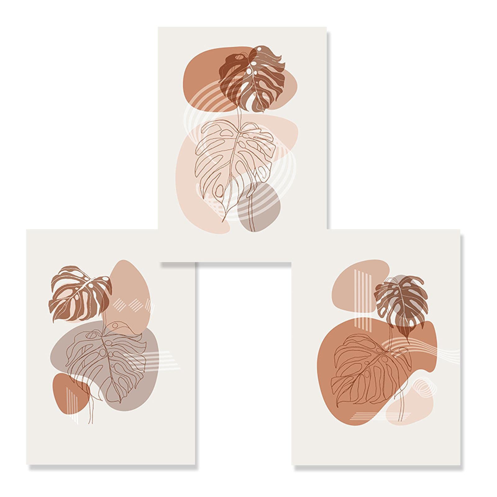 Set of 3 Boho Abstract Monstera Leaves Line Posters Canvas Painting Wall Art Print Pictures for Living Room Home Decor Unframed