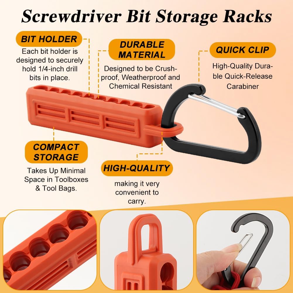 Screwdriver Bit Holder Storage Organizer, 3 Pack 10-Hole Bit Holder with Carabiner, 1/4" Hex Drill Storage Organizer(COLOR:Orange+Black+Red)