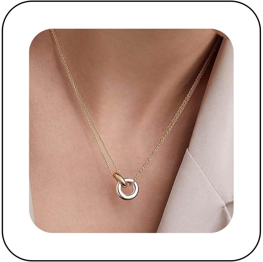 Boho Layered Interlocking Circle Necklace Gold Hollow Circle Necklace Vintage Double Circle Choker Necklace Adjustable Open Circle Chain Necklace Jewelry for Women