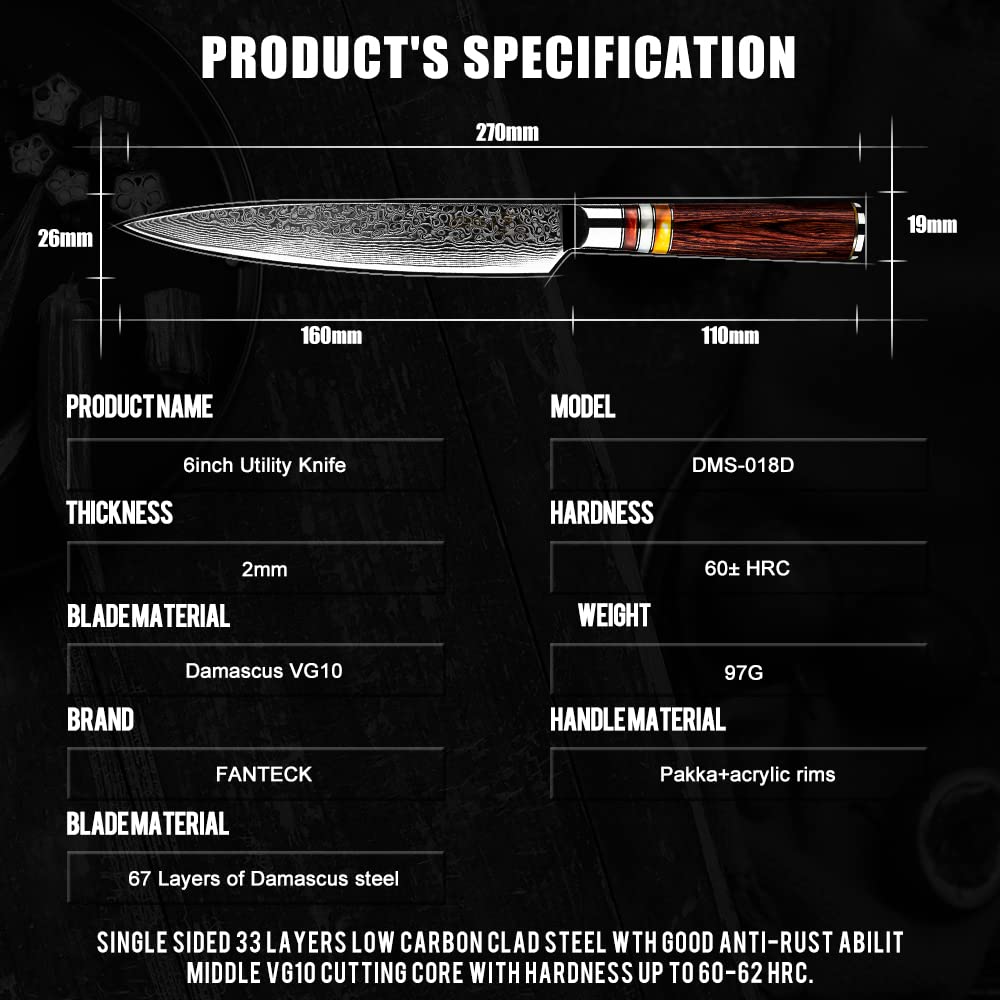 FANTECK Coltello Damasco, Coltello Cucina Professionali Lama Alto Carbonio 16cm VG10 Acciaio Inossidabile Coltello da Chef Manico Ergonomico Antiscivolo, Confezione Regalo