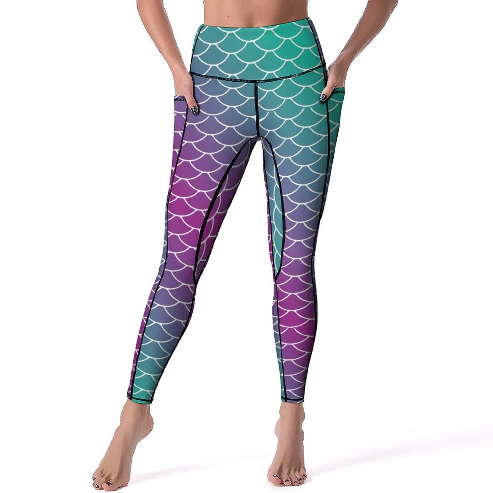 Mermaid Scales Womens High Waist Yoga Pants with Pockets Stretch Soft Workout Leggings Athletic Pants Yoga Running
