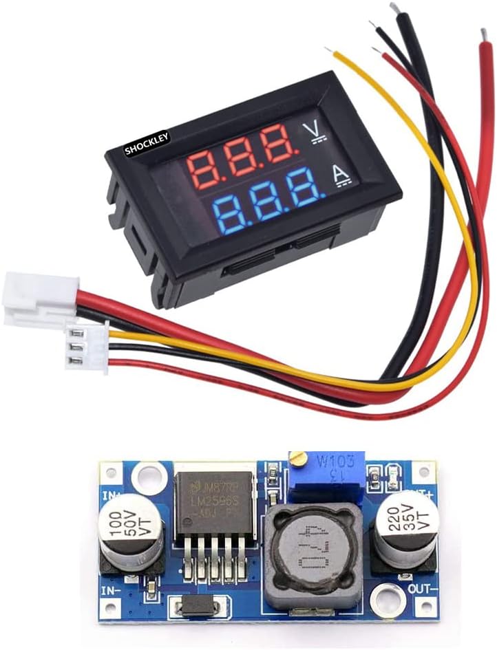 Shockley Mini Digital Voltmeter DC 100V 10A Panel VoltAmp Voltage Current Meter + LM2596 DC-DC Buck Converter, Adjustable Step Down Voltage Regulator 3-40V to 1.5-35V (LM2596 + DC Voltamp Meter)