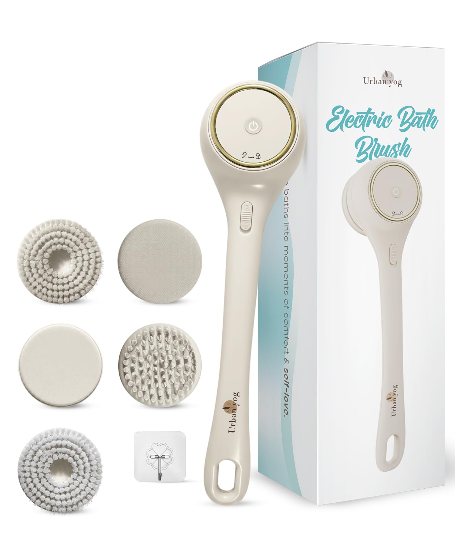 Urban yog Urban yog - Cepillo de baño eléctrico automático recargable con 5 cabezales intercambiables, cepillo impermeable para ducha y baño, limpiador eléctrico de espalda y cepillo de limpieza