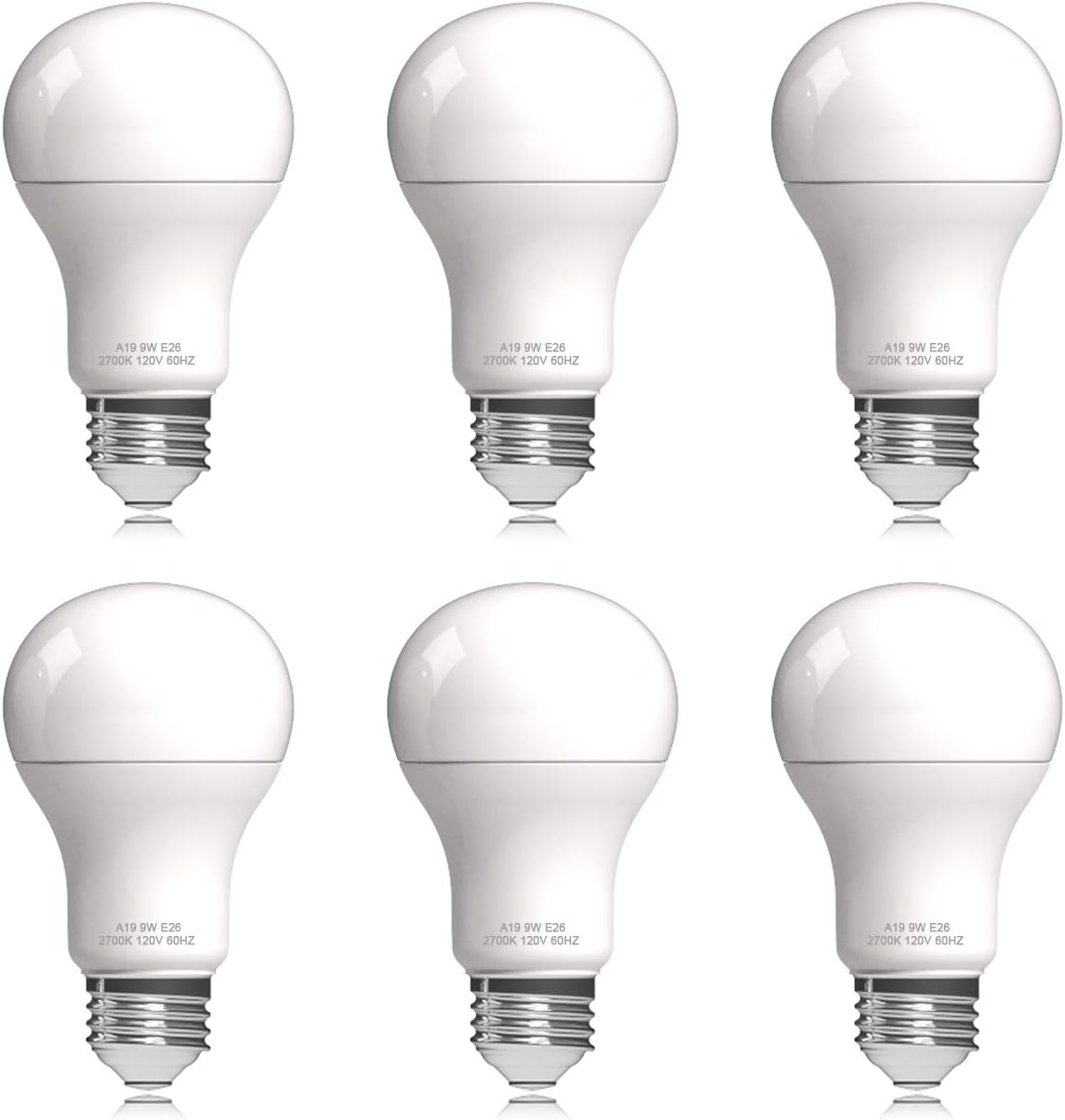 Helloify A19 (A60) 9W Bulbs A19 (60 Watt Equivalent), Energy Efficient, 2700K Soft White, LED Lighting Reading/Work Lamp for Bathroom Office Bedroom House, E26 Base, Pack of 6