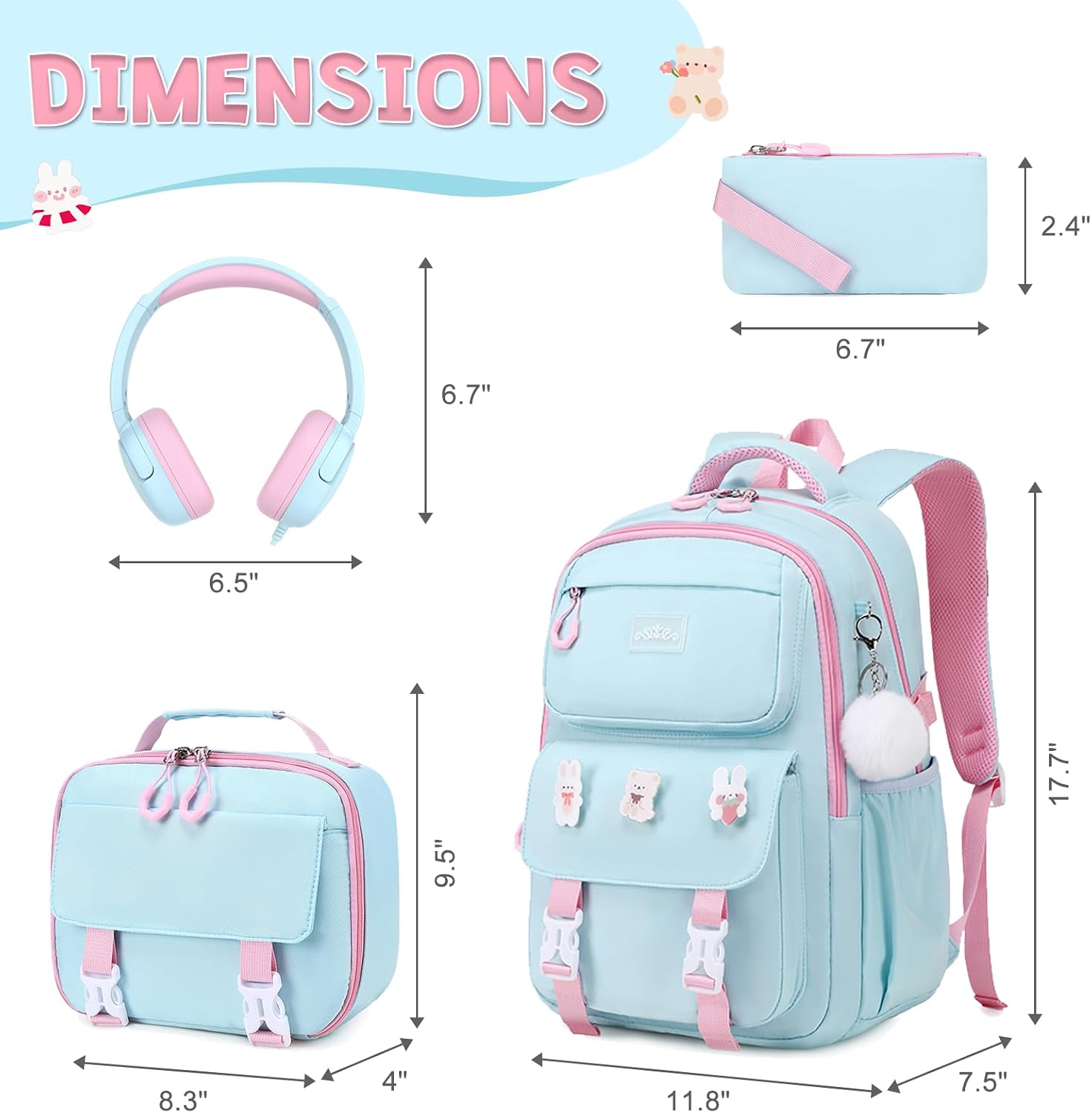 DIGOBAY 4Pcs Girls Backpack with Lunch Box Headphone Pencil Case for School image 2