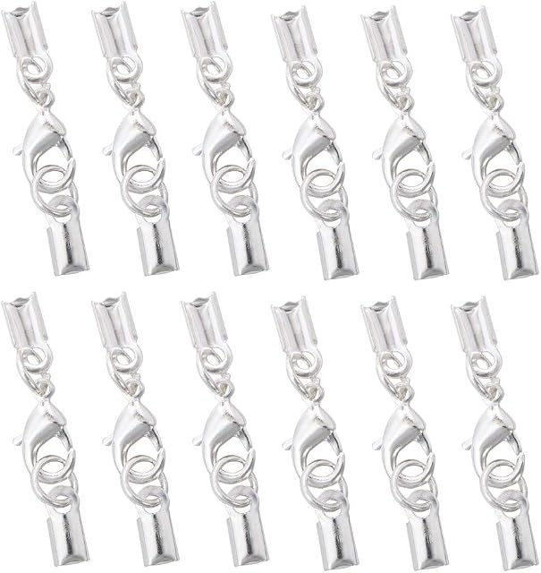 PandaHall Elite 20pcs Brass Lobster Claw Clasps with Cord Ends Jewellery Making Findings, Silver, 33x5mm