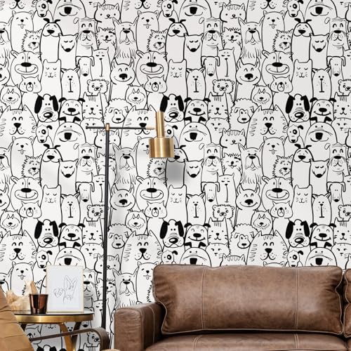 ICYEHAO Selbstklebende Tapete Tiere,44 x 600cm Tapete Schwarz Weiss Hund Katze und Schaf Tapeten Kinderzimmer klebetapete Möbelfolie… – Ansicht 5