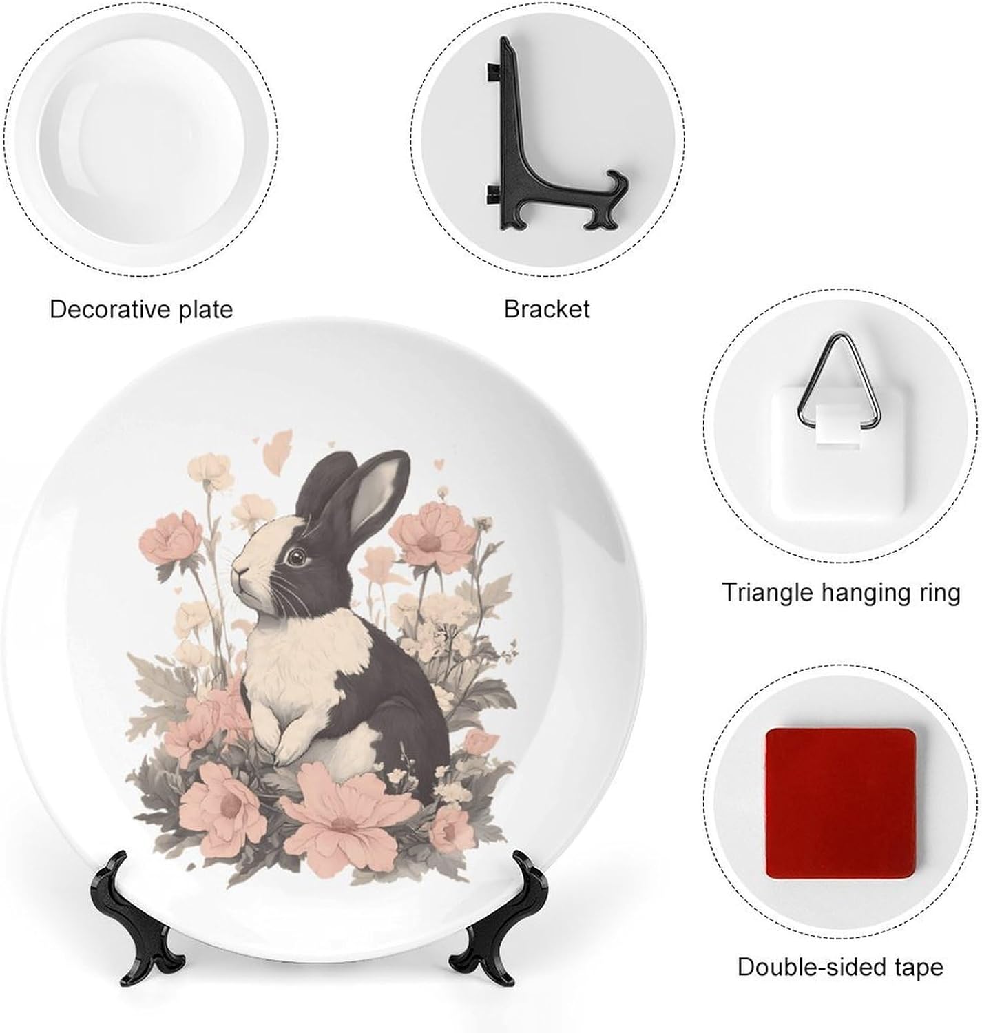 Rabbits And Hibiscus Flowers Decorative Plates for Display Ceramic Plate Tray with Stand Hanger Home Decor