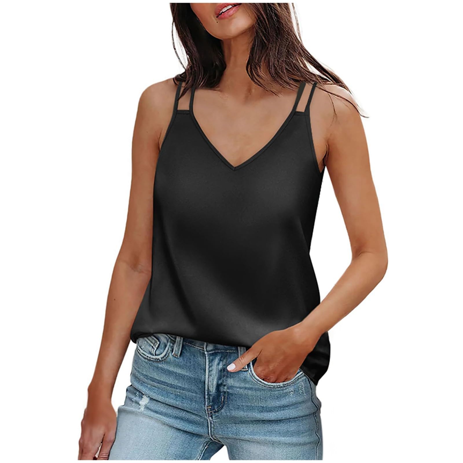 YOGALULU Camiseta Manga Larga Mujer Corta en V de Verano para Mujer Top de Tirantes Camisola sin Mangas de Verano de satén de Seda Camisetas Capucha Mujer