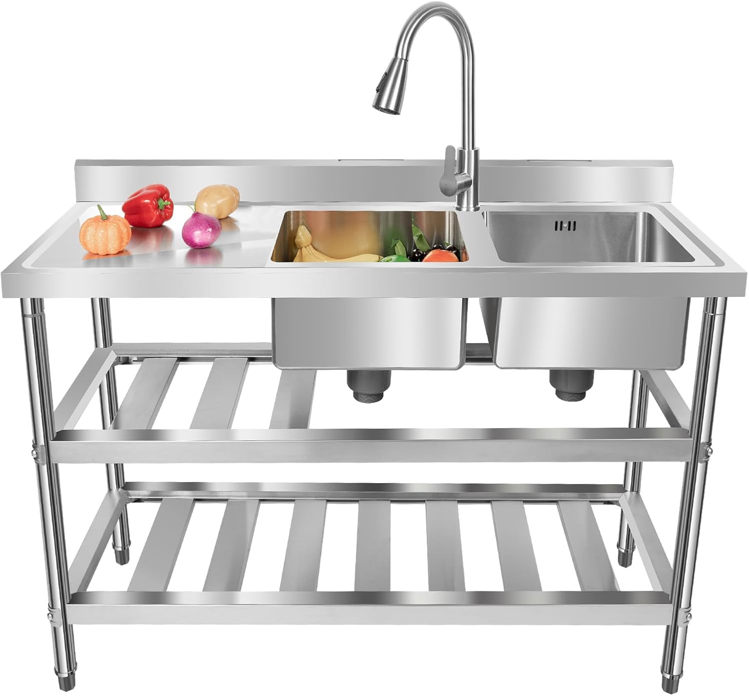 Stainless Steel Utility Sink 2 Compartment Commercial Restaurant Sinks with Pullable Hot & Cold Water Faucet, Free Standing Outdoor Sink Set for Kitchens Garage Laundry, 47.2×17.7×31.9in