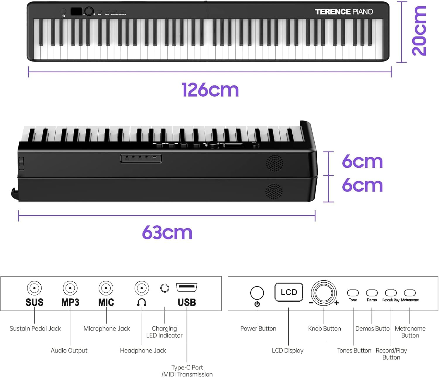TERENCE Pieghevole Pianoforte Digitale con 88 Tasti semi-ponderati e Batteria da 1800mAh e interfaccia USB MIDI supporto spartiti Bluetooth Borse per Tastiera Cavo audio Cuffie Pedale Sustain nero