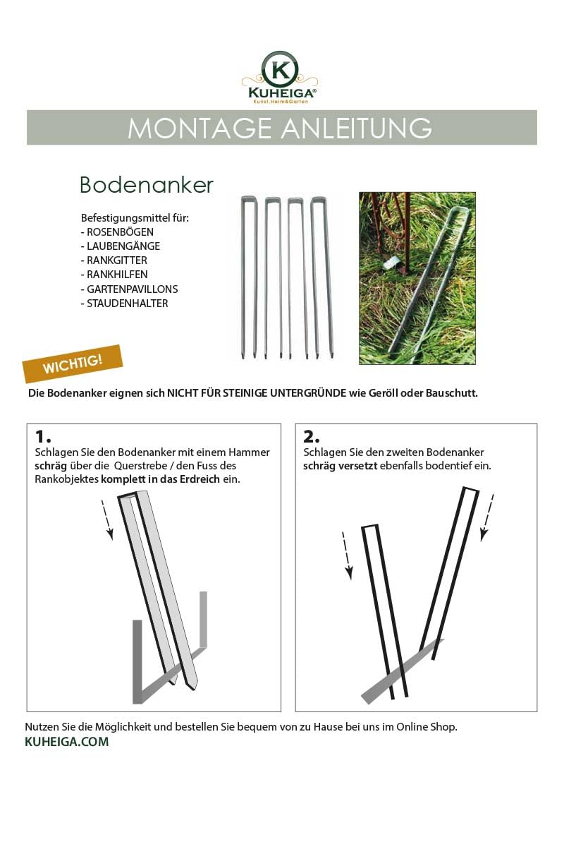 KUHEIGA 4 x Bodenanker 40cm lang feuerverzinkt für Rosenbogen Blumenhilfe Obelisk und mehr!