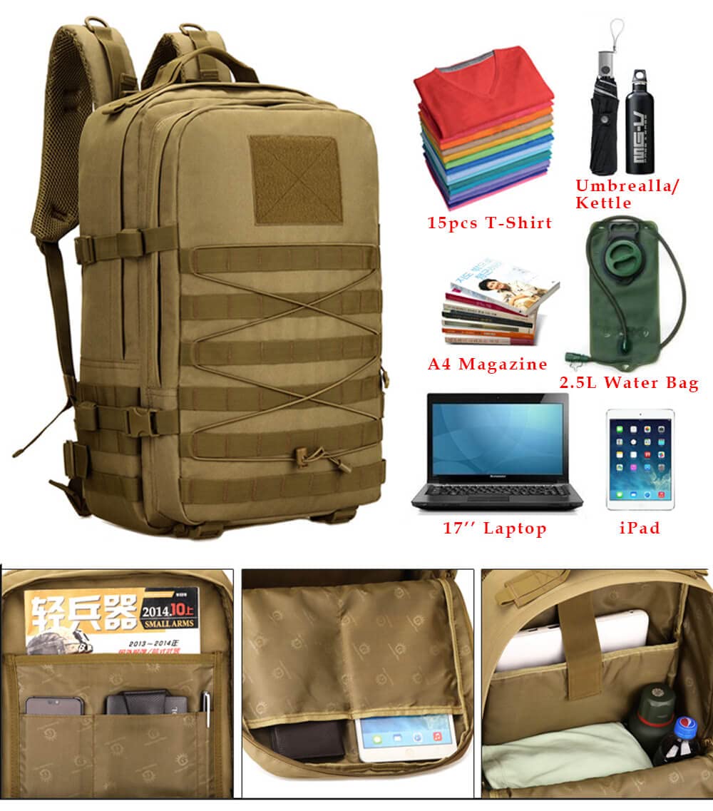Taktischer Rucksack, 45 l, Wanderrucksack, Molle-Militär-Assault Pack, 43,2 cm (17 Zoll), Laptop-Rucksäcke, Reise, Tagesrucksack für Outdoor, Camping, Angeln, Trekking, Jagd, Schwarz