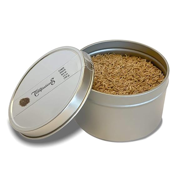 Organic Cumin Seeds Whole (Jeera) Spice by Flavor Temptations. Indian Food Seasoning, Gluten free, Salt free, Vegan Ingredients 1 Tin, 3.5 oz (100 g)