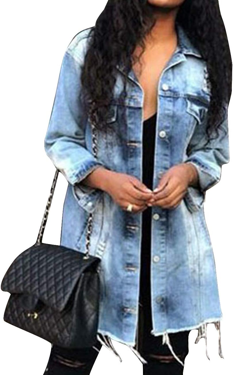 SOMTHRONWomen's Distressed Denim Jeans Outfits Coat Spring Fall Ripped Jeans Outerwear Denim Jacket