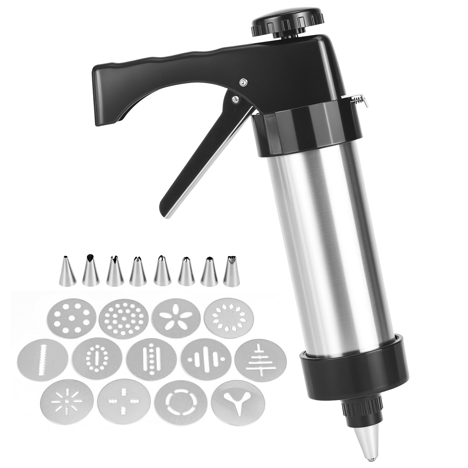 Diagram showing the dimensions of the QWORK Stainless Steel Cookie Press, including length, height, and diameter measurements.