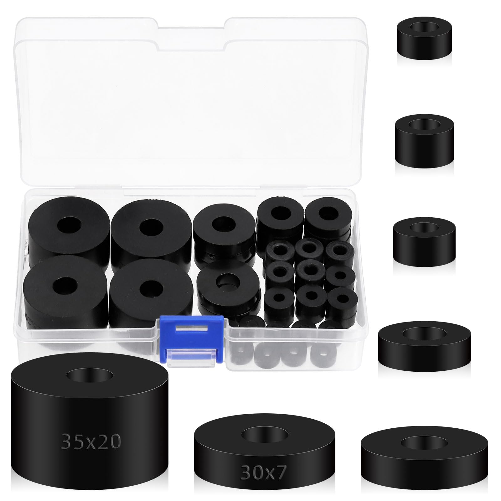 Swpeet 50Pcs 7 Sizes Round Rubber Spacer Assortment Kit, 5/6/8/10mm Anti Vibration Black Rubber Washers Kit