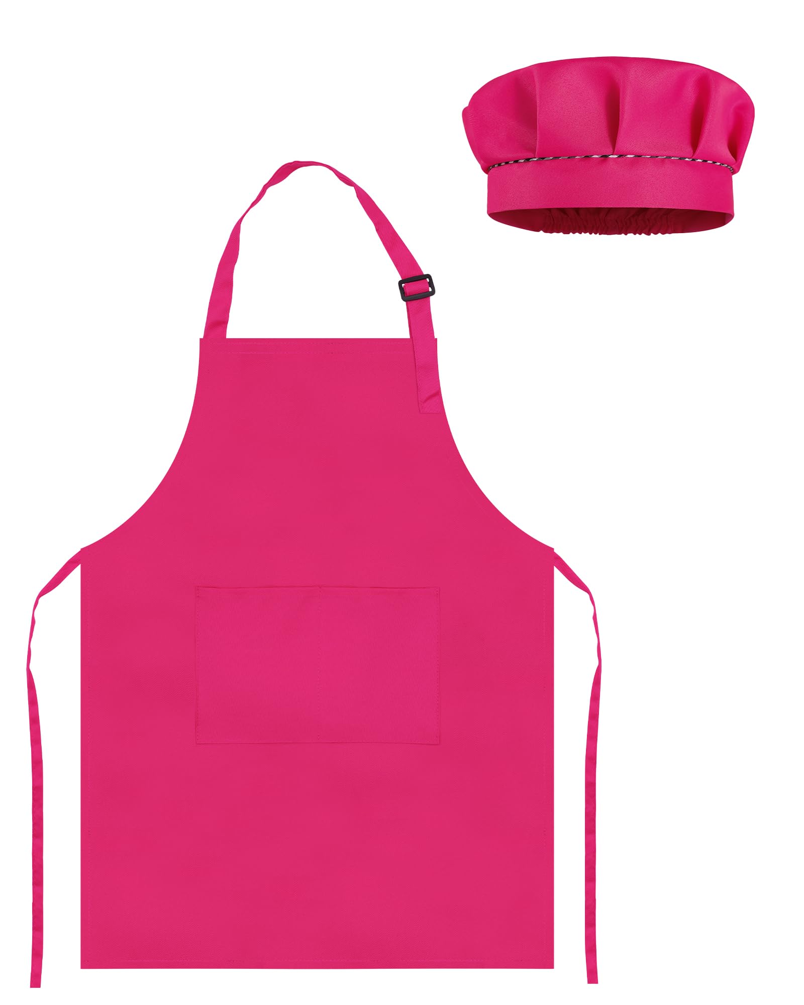 TOPWAYS Kids Apron and Chef Hat Set, Adjustable Children Chef Apron Outfit Costume, Kitchen Apron for Baking Cooking Painting, Artist Apron with Two Pockets (rose red, M (3 to 6 years)