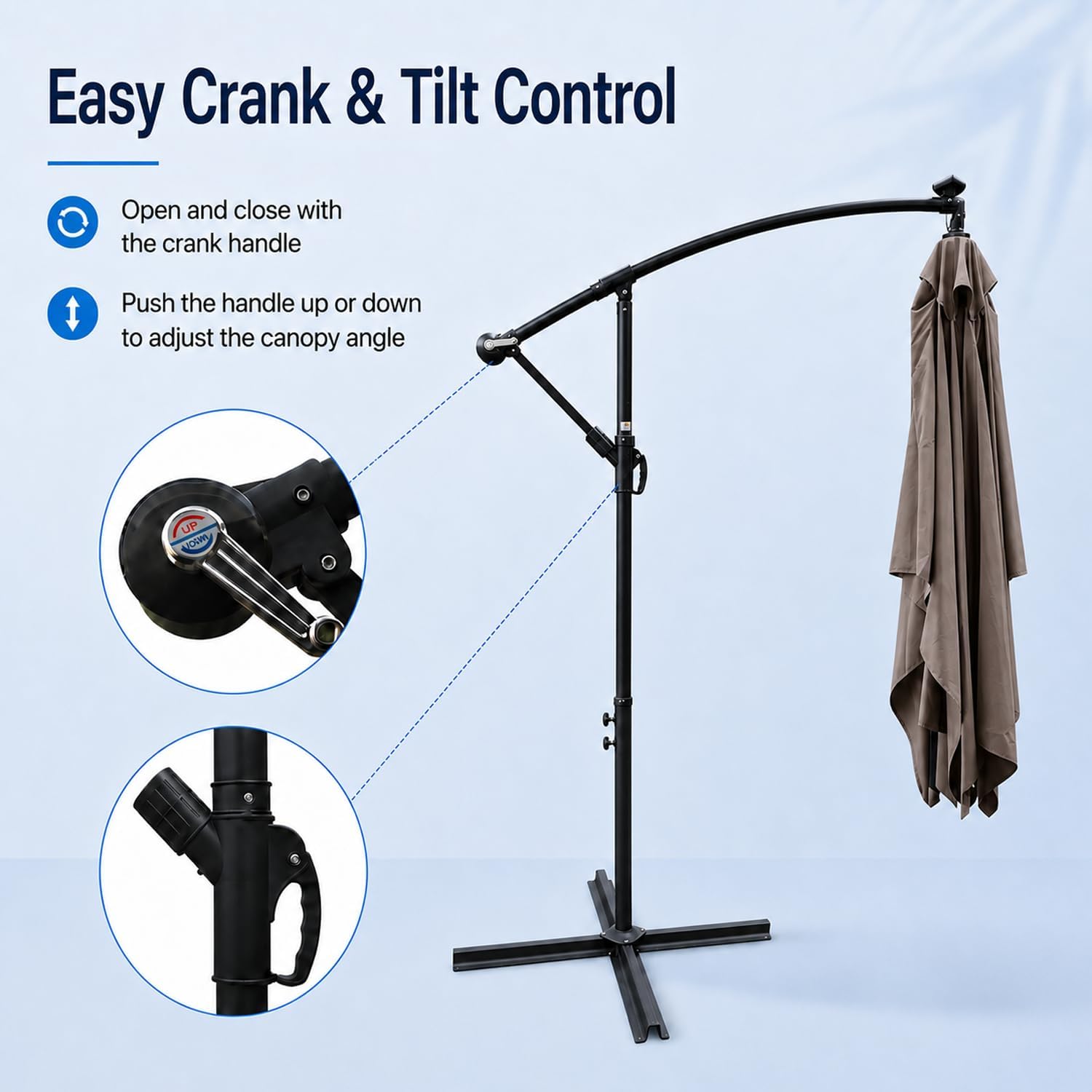 10x6.5FT Patio Umbrella, Outdoor Offset Umbrella with Cross Base and Crank, Rectangular Cantilever Umbrella with Solar Lights, Hanging Market Umbrella with 6 Rids for Pool, Deck, Backyard (Mushroom)