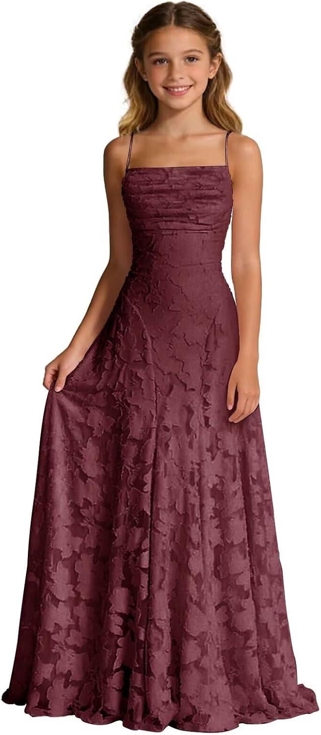 Floral Lace Junior Bridesmaid Dress Wedding Spaghetti Strap Formal Prom Gown Square Neck A-Line Flower Girl Dress