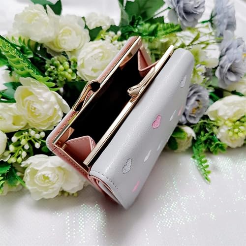Miniatura 4 de Cartera de impresión corta de dibujos animados bordada de corazón para mujer, multitarjeta, monedero triple, Gris, Casual