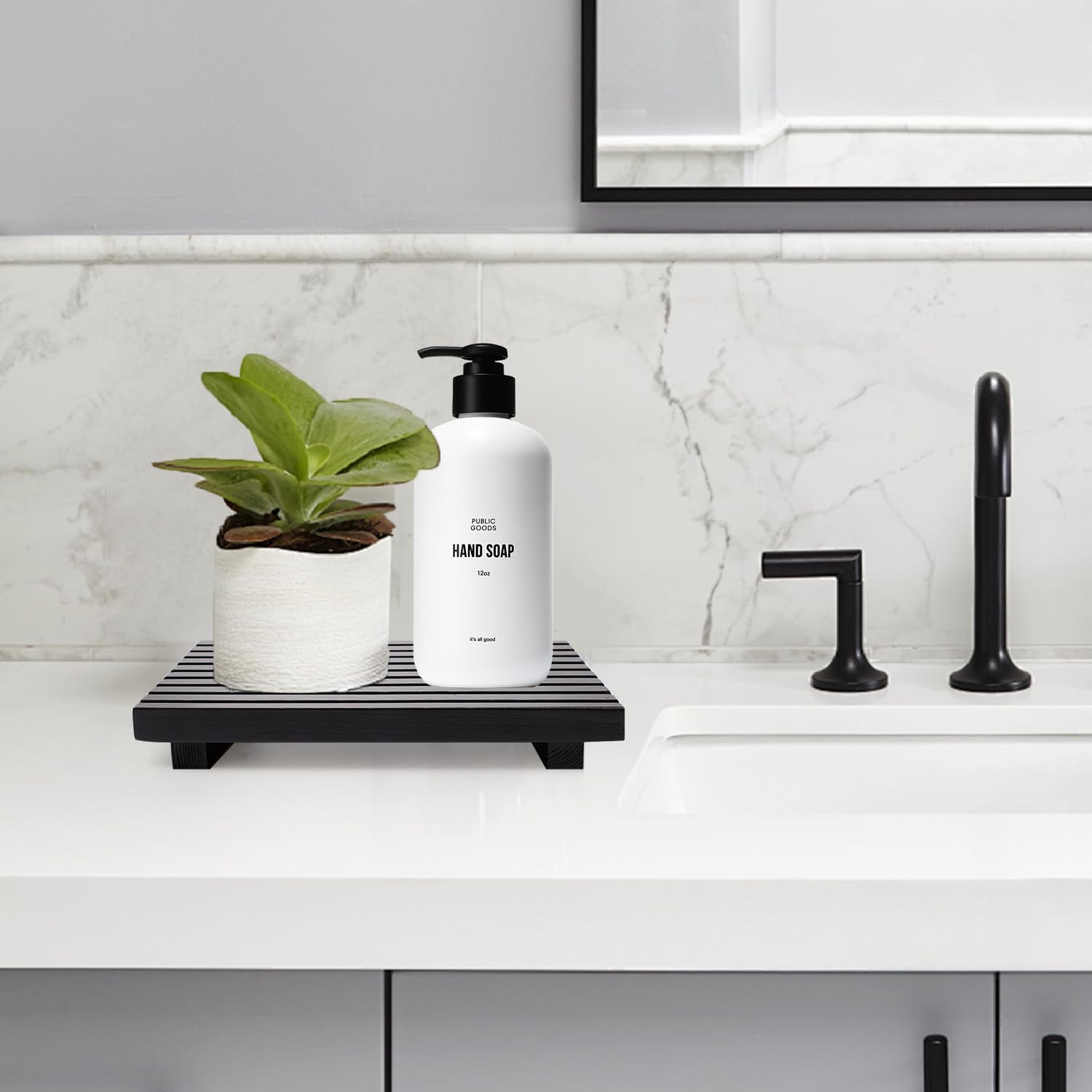 Wooden Display Risers Table Stand for Bathroom Tray Kitchen Counter Decor | Decorative Wood Pedestal for Kitchen Sink Accessories Soap Tray Vanity Black Bathroom Counter Organizer Dish Soap Holder