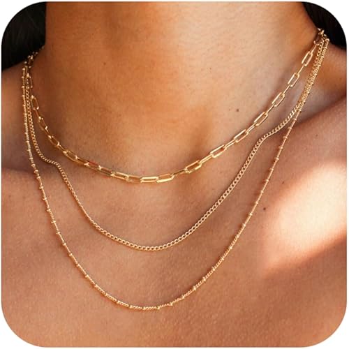CONRAN KREMIX Waterproof Gold Necklace Layered Necklaces for Women Non Tarnish,18k Gold Plated Stainless Steel Dainty Stack Thin Chain Necklace Set for Women Gifts Jewelry