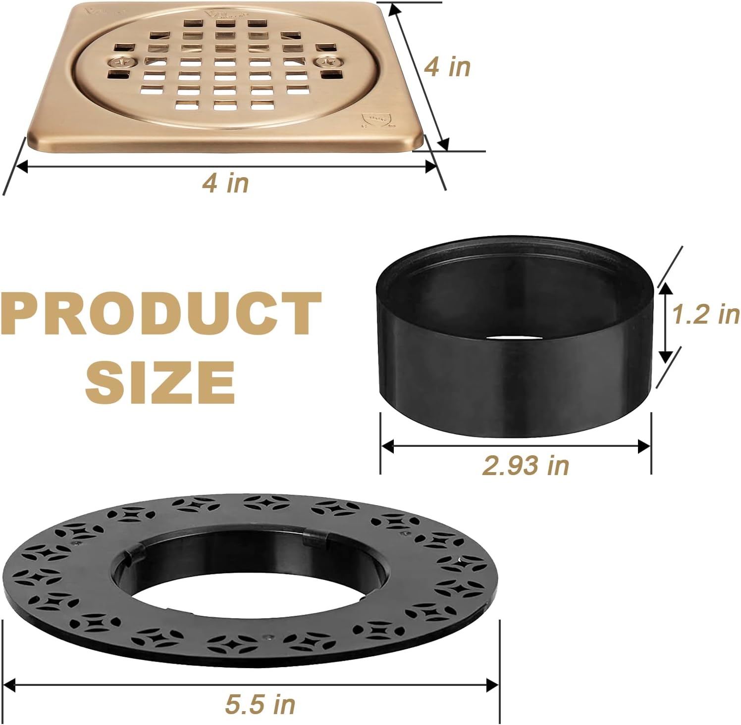 4 Inch Grate Kit Champagne Bronze Shower Drain with ABS Flange-Compatible with Schluter Kerdi Drain Flange- with Height Adjustment Collar-SUS304 Stainless Steel Grate
