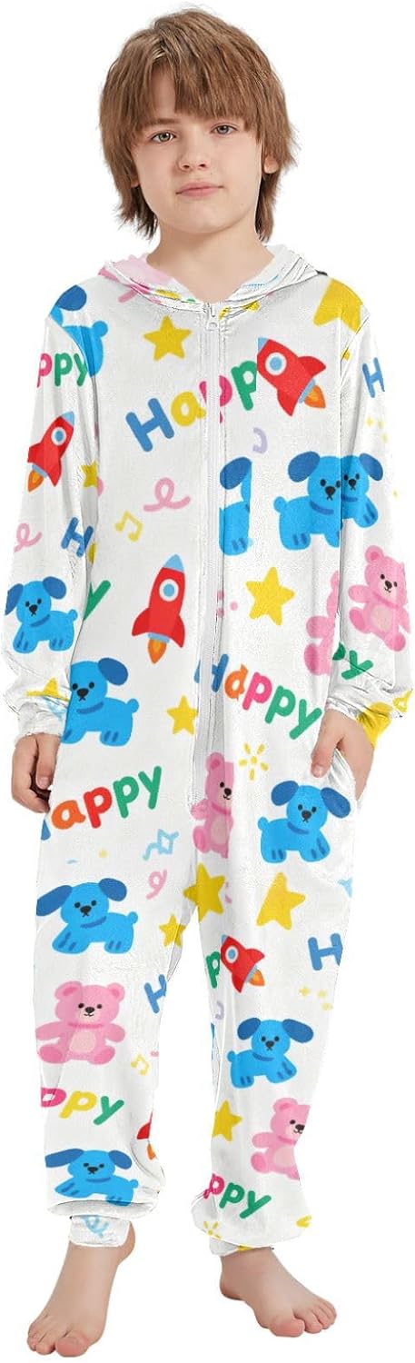 Cute Happy Dog Colorful Unisex Kids Pajamas Soft Cozy Hooded Boys Blanket Sleeper Pjs for Teens Boys Girls pijama