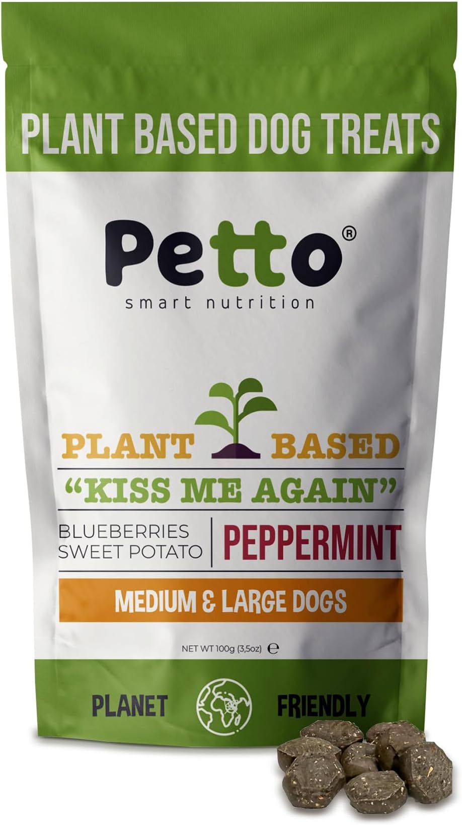 Petto Plant-Based Hypoallergenic Dog Treats 100g | Healthy & Meat-Free Training Bites | Human Grade & Bakery Made with Peppermint, Sweet Potato & Blueberries