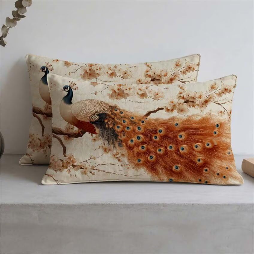 Housse de coussin 70x90cm en lin imperméable orange brûlée au motif paon élégant