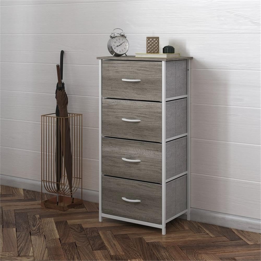 Pemberly Row 4 Drawer Dresser Storage Organizer, 17.75"W x 12.5"D x 37.25"H, Light Natural Wood Top/White Iron Frame, Engineered Wood Drawers with Handles, Adjustable Floor Glides, Bedroom or Closet