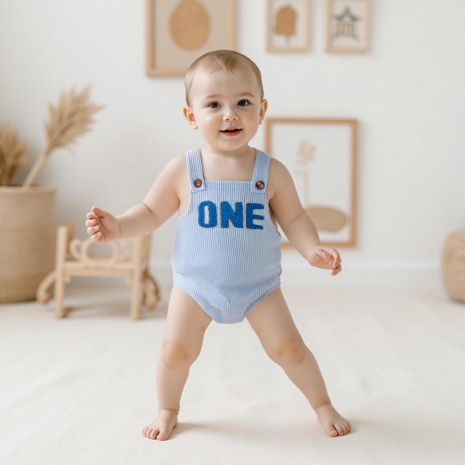 Honganda Baby Boy First Birthday Outfit Sleeveless Corduroy Overalls Letter One Cake Smash Romper for 1st Birthday Party - Image 2