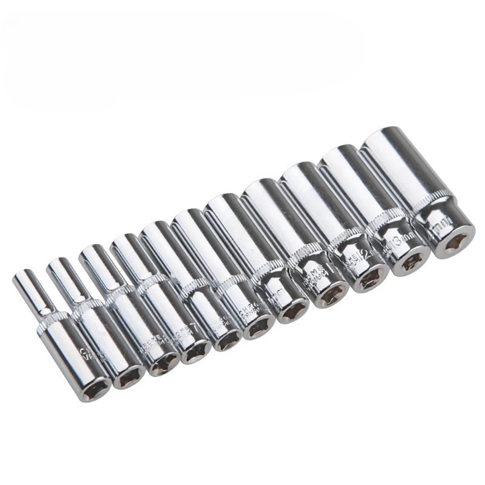 Deep Hex Socket 11pcs 1/4 Interface Chrome Vanadium Steel Socket 4mm 14mm 6.35mm Ratchet Wrench Head Industrial Tool(Long-11pcs)