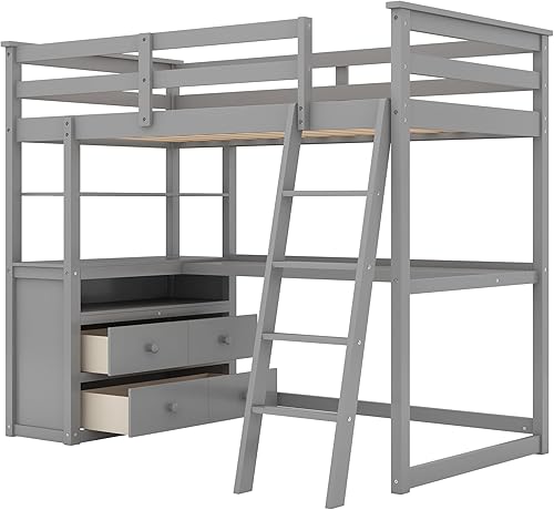 Miniatura 7 de HYC Cama alta de tamaño individual con escritorio debajo de la base de cama individual con estantes y escalera cama alta de madera individual para