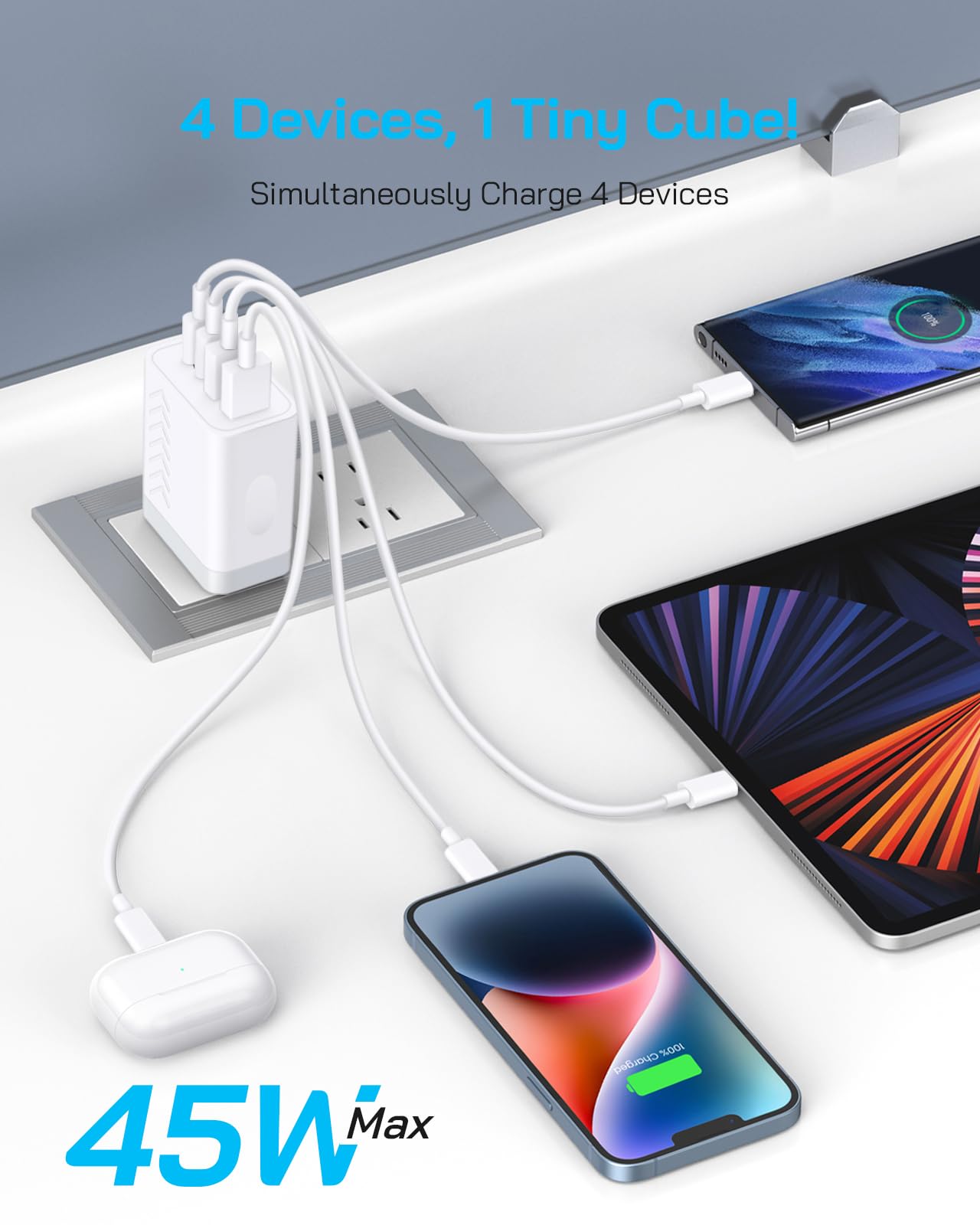 Blocco di ricarica USB C da 40 W | Blocchi di ricarica rapida con 4 porte (2 USB-C + 2 USB-A) | PD3.0/QC3.0 compatto da parete per iPhone 17/16/15/14/13/12/11/X, Galaxy S25/S24/S23/S22, iPad e altro