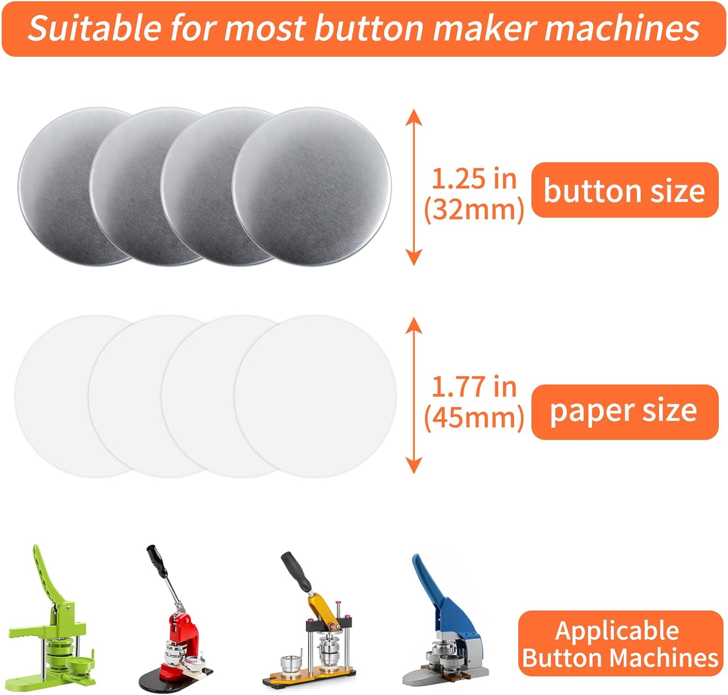 500 Sets Blank Metal Button Making Supplies Badge Parts, 32mm/1.25 inch Round Metal Button Kit for Button Maker Machine, Including Metal Shells Metal Back Cover Clear Film and Paper