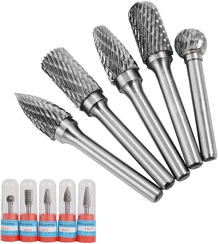 Bestgle 5 Pcs Rotary Burrs, 1/4 Inch Shank Tungsten Carbide Rotary Cutting Burr Die Grinder Bit Set for DIY Woodworking, Metal Carving, Polishing, Engraving, Drilling, 10mm Cutting Edge Dia