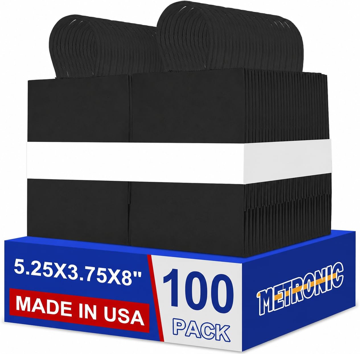 METRONIC Paquete de 100 bolsas de regalo pequeñas negras de 5.25 x 3.75 x 8 pulgadas, bolsas de papel kraft con asas, bolsas de compras para pequeñas empresas, boutique, papel de regalo, a granel
