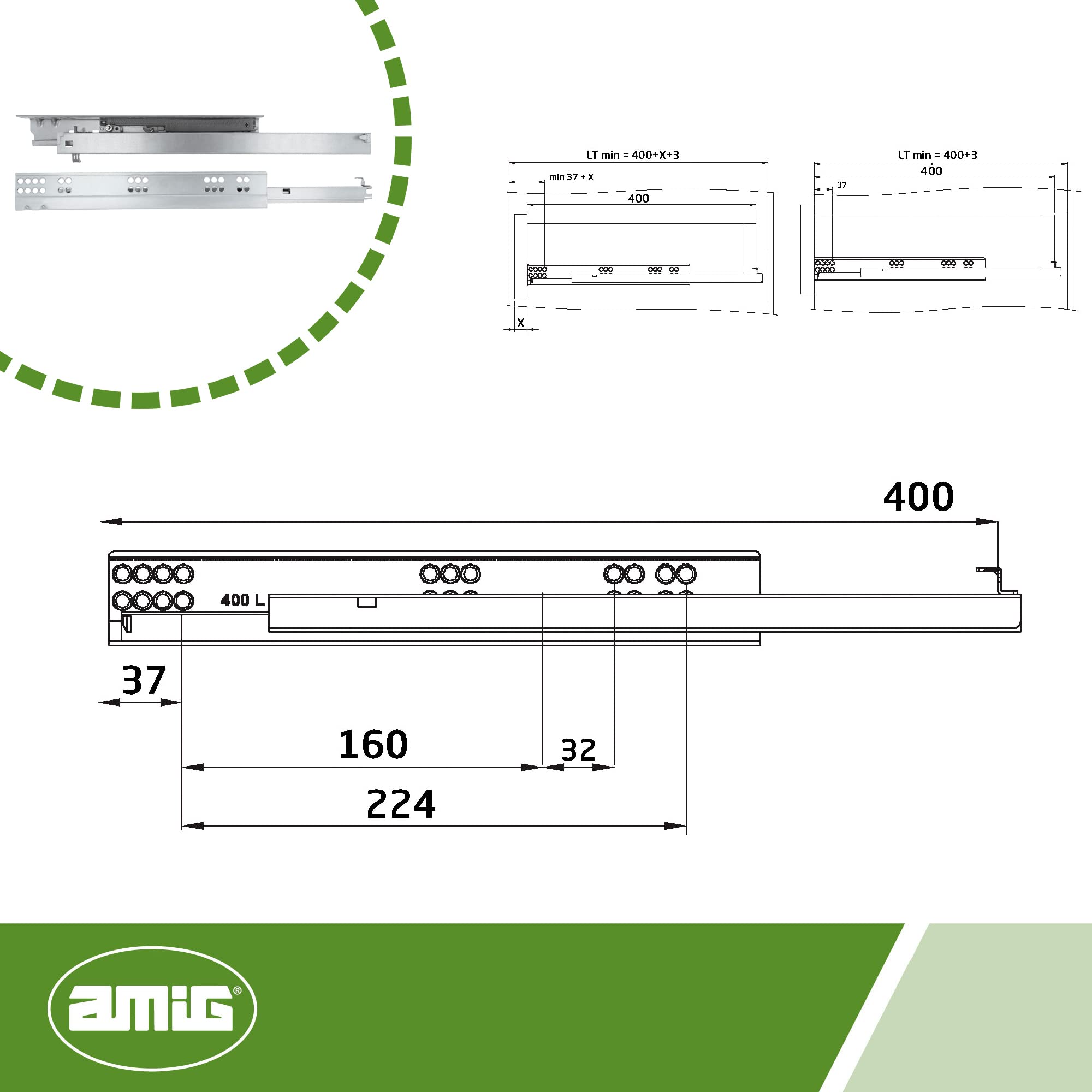 Amig - Set of 2 Mod.41 Zinc Plated Steel Sliding Runners for Furniture Chest of Drawers or Cabinets, Metallic Silver, 400 mm - Image 3