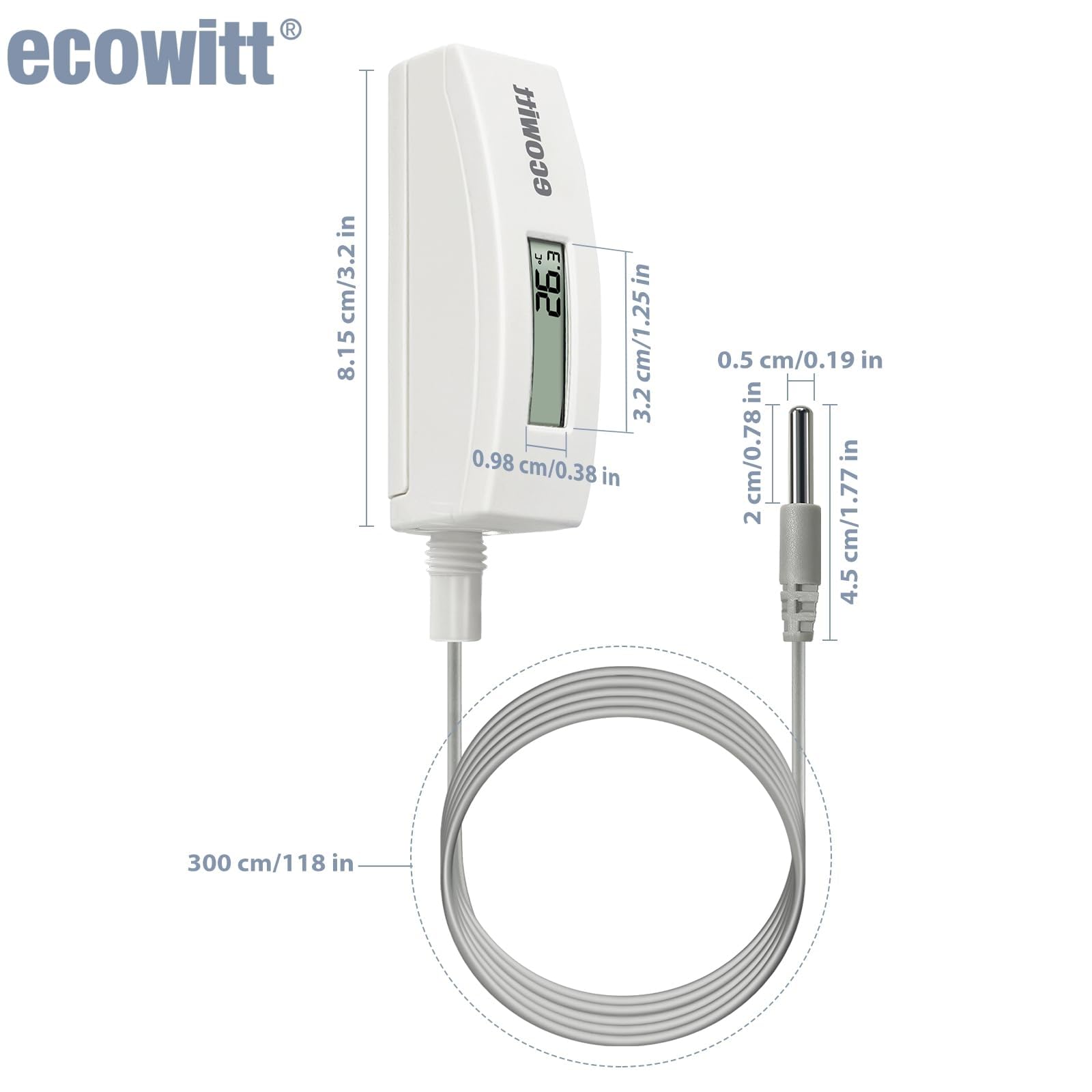 ECOWITT Pool Thermometer, digitaler wasserdichter Wassertemperatursensor mit LCD-Display, einfach zu montieren, 10-Fuß-Kabelsensor für Schwimmbäder, Whirlpools, Spas, Badewasser, Fischteiche WN34L