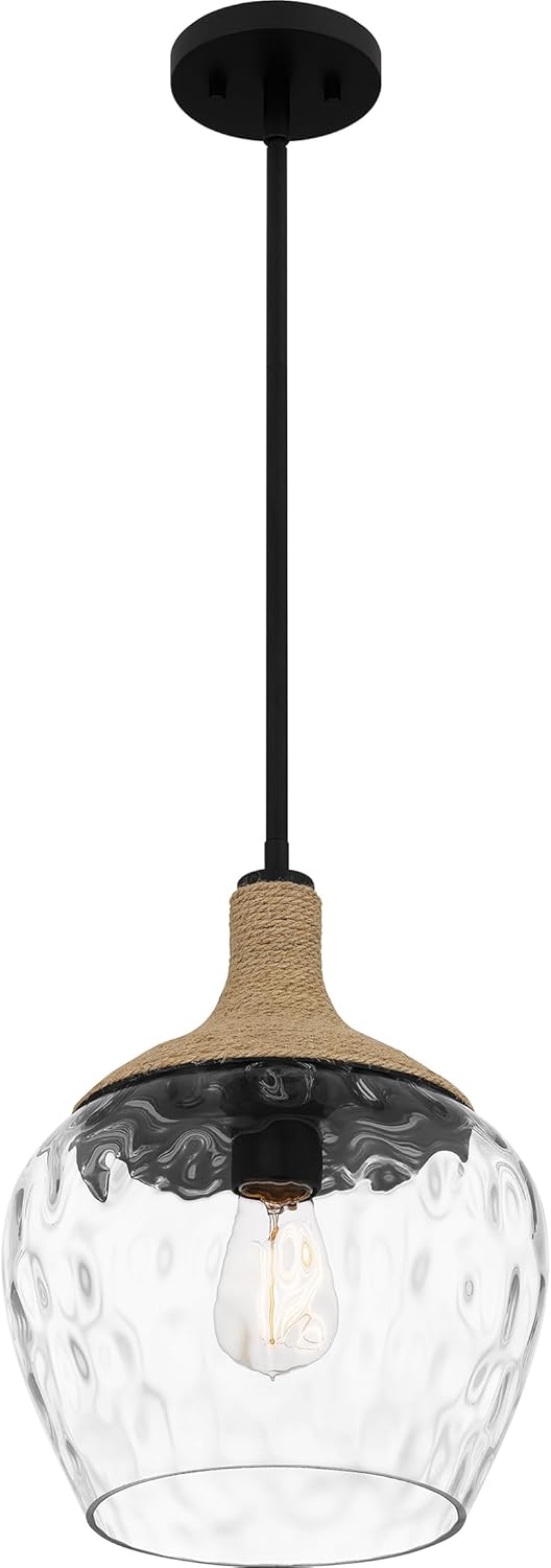 Quoizel Royer 1-Light Mini Pendant, Matte Black, Clear Water Glass with Rope Detail, Coastal Hanging Light for Kitchen, Bedroom or Bar
