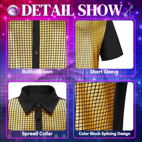 Image of Zando Men's Sequin 70s 80s Disco Shirt - Retro Short Sleeve Button Up Costume Halloween New Year Party Outfit Top & Clubwear