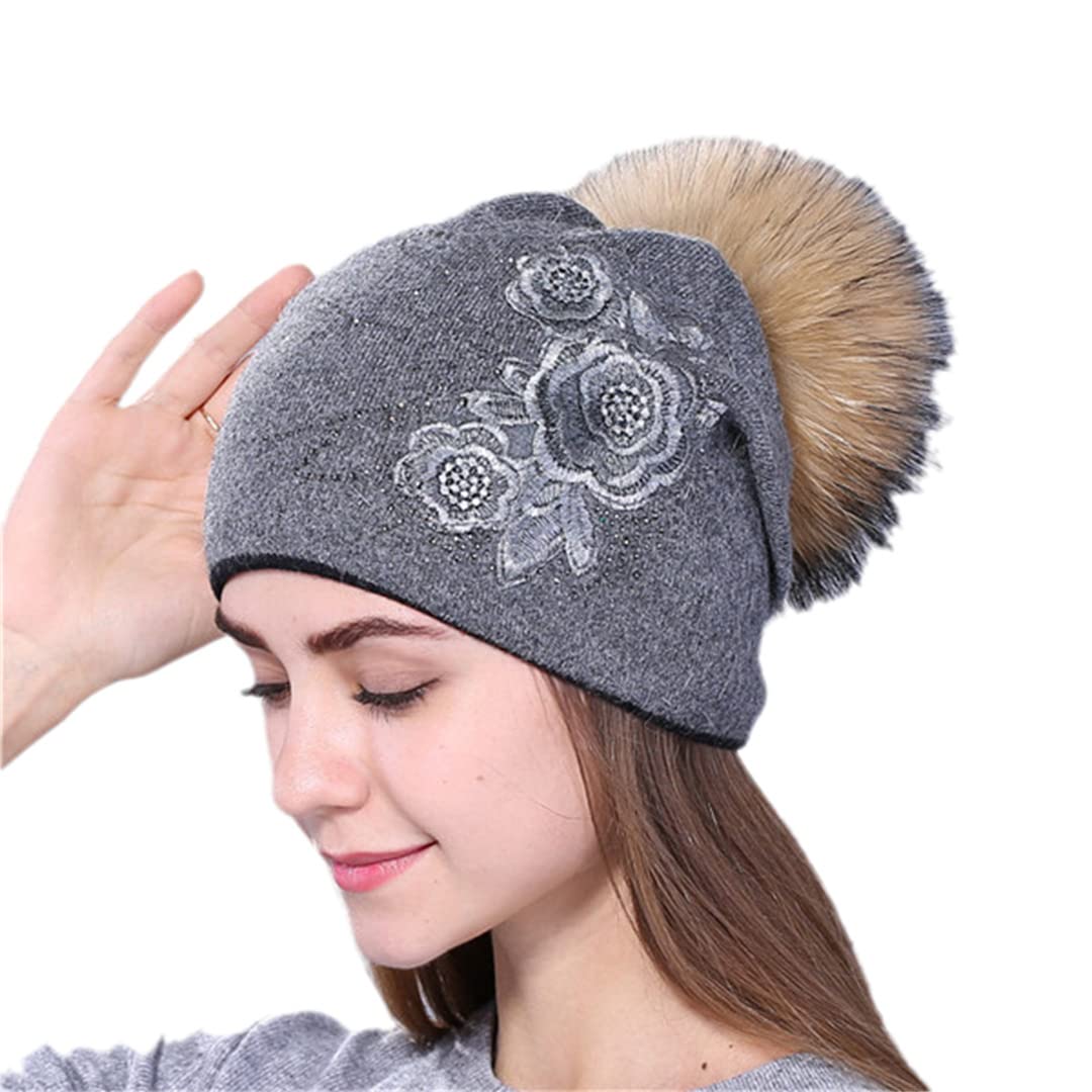Sombrero de Punto de Lana de Piel de Conejo de Invierno para Mujer, Gorros de visón cálidos para Mujer Mink Gray